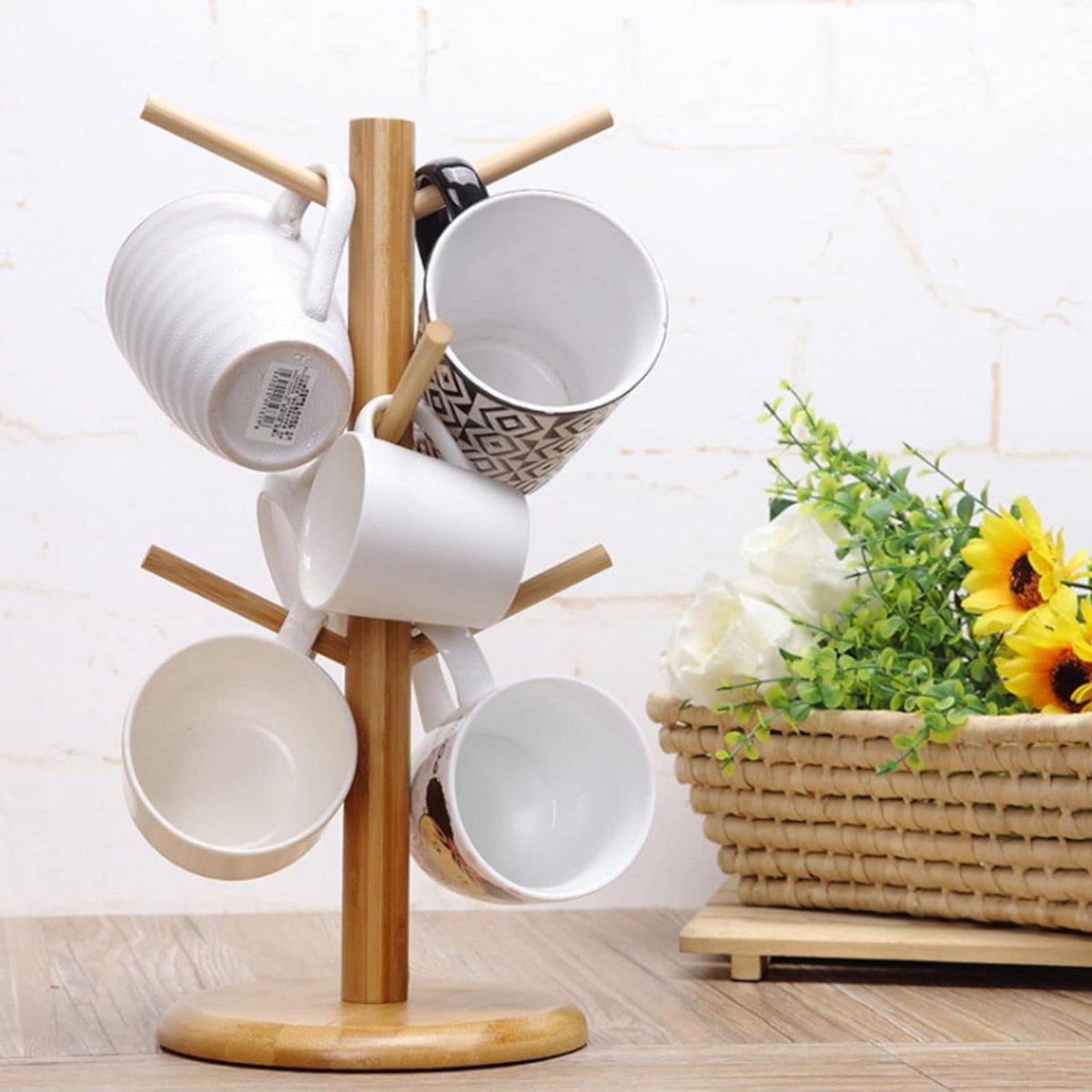 Innovra Plus - Houten Bekerhouder Kopjesboom voor Keuken - Mokhouders en Pretzelstandaard - 36x16cm - Tafelblad Koffiekopjesrek - Handige Krakelhouder
