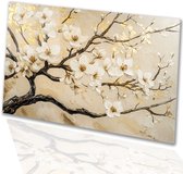 Elegante bloesemtakken met gouden accenten - Bloesem glazen schilderij - Wanddecoratie glas bloemen - Impressionisme - Acrylglas schilderij - Acrylkunst op glas - acrylglas 105x70 cm