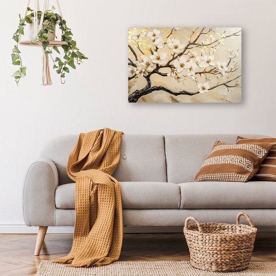 Elegante bloesemtakken met gouden accenten - Bloesem glazen schilderij - Wanddecoratie glas bloemen - Impressionisme - Acrylglas schilderij - Acrylkunst op glas - acrylglas 75x50 cm