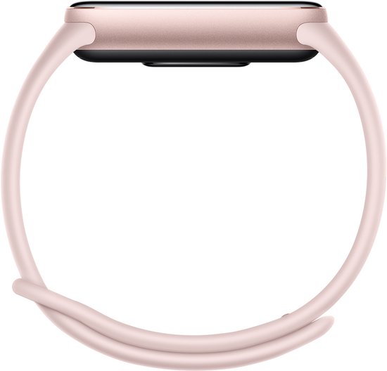 Zijaanzicht van een lichtroze Xiaomi Smart Band met een rosegoudkleurig frame.