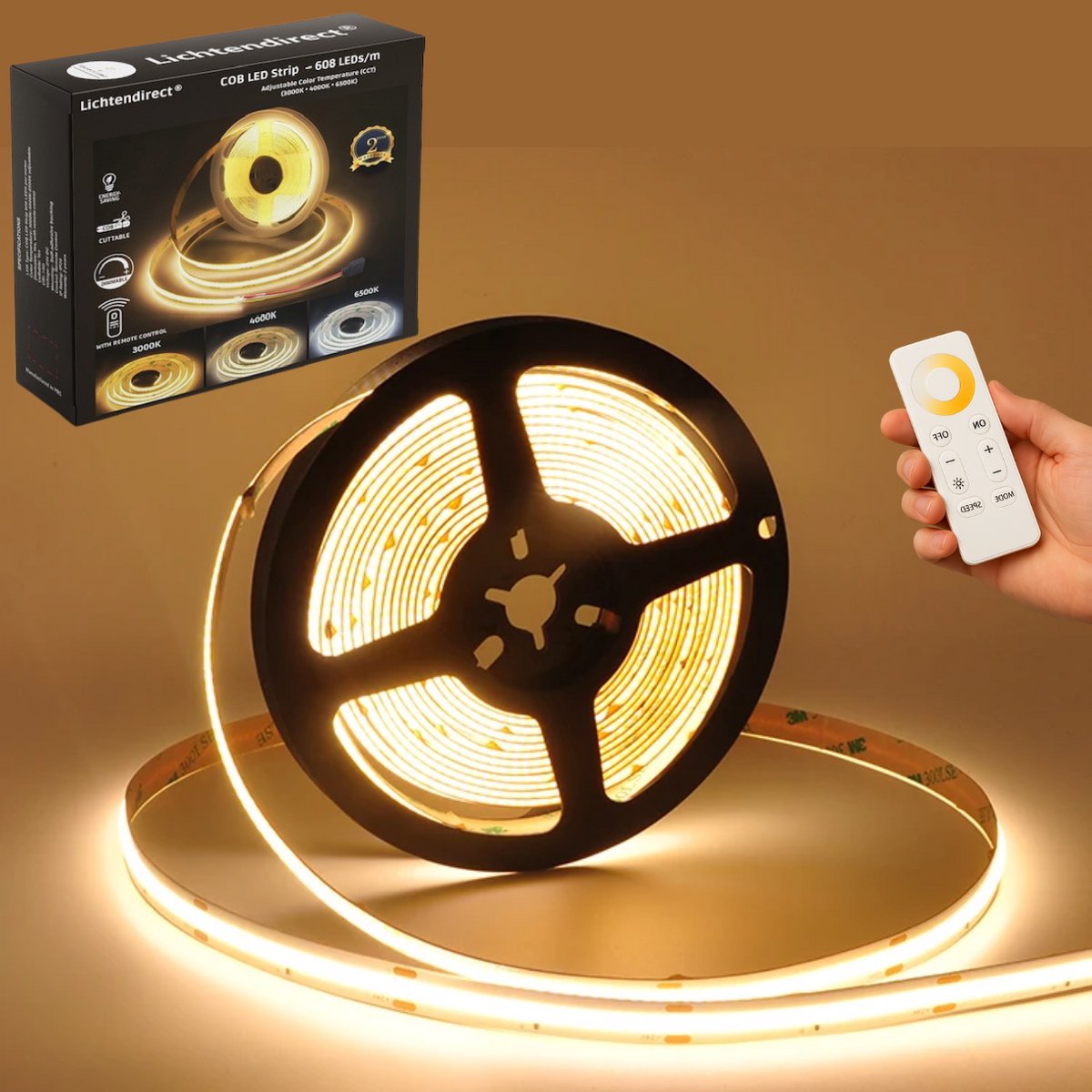 Lichtendirect – COB LED Strip - 10 Meter – 608 LEDs/m – Dimbaar & Egaal Licht – 3 Lichtkleuren – Inclusief Afstandsbediening – 3000K/4500K/6500K- LEDSTRIP