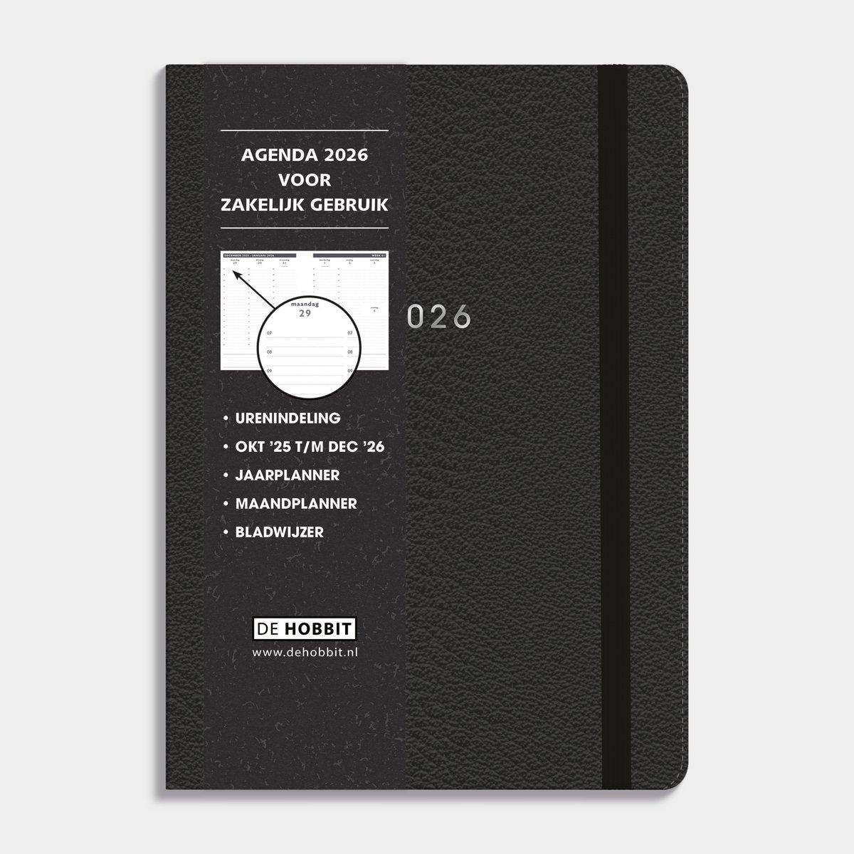 Hobbit Zakenagenda 2026 - Afsprakenagenda A5 (14,8 x 21 cm) - Tijdindeling per uur - 1 week over 2 pagina's Flexibele Kaft - Zwart Lederlook