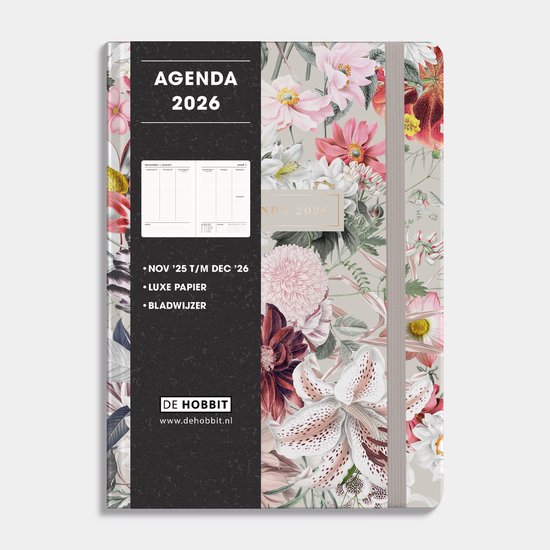 Hobbit - A5 Agenda 2026 - A5 (14,8 x 21 cm) - 1 week op 2 pagina's - Agenda A5 - Harde Kaft - Bloemen