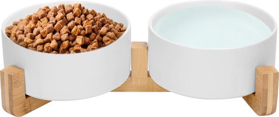 Jake and Jacky Voerbak Hond en Kat Keramiek - Voerbakken Dubbel met Standaard - Drinkbak en Eetbak - 2x 800 mL - Wit