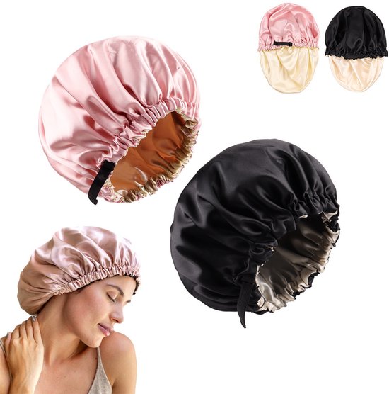 BONNET QUEEN Bonnet Satijn Verstelbaar Zijden Bonnet Dames Dubbelzijdig Satijnen Slaapmuts Lang Strik Zijden Slaapmuts, Zwart