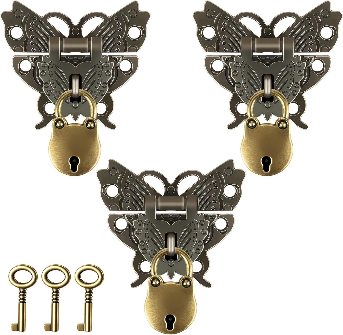 Inovra Plus - Set van 3 vintage hangsloten met antieke look voor houten kisten - Ideaal voor sieradendoos en bagage - Robuuste kistensluiting - Koffersluiting slotgrendel
