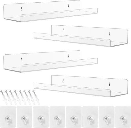 duozoanz Wandrek, zonder boren, acryl rek om te plakken, zwevende planken, klein wandrek, smal, zelfklevend, smal ophangframe voor witte badkamermuren, set van 4