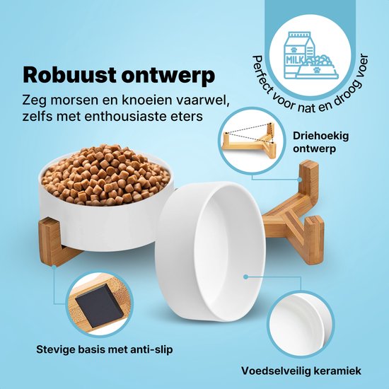 Une gamelle en céramique blanche sur un support en bois, avec des bulles de texte pointant vers la base solide antidérapante et la céramique alimentaire. La gamelle est remplie de nourriture pour chat.
