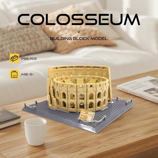 Gouden Colosseum bouwmodel op een grijze grondplaat, met tekst 'COLOSSEUM x BUILDING BLOCK MODEL'.