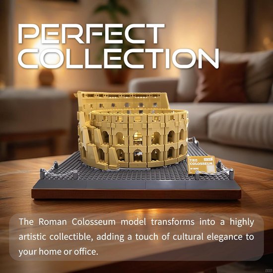 Gouden Colosseum bouwmodel op een houten display in een woonkamer. Tekst: "PERFECT COLLECTION".