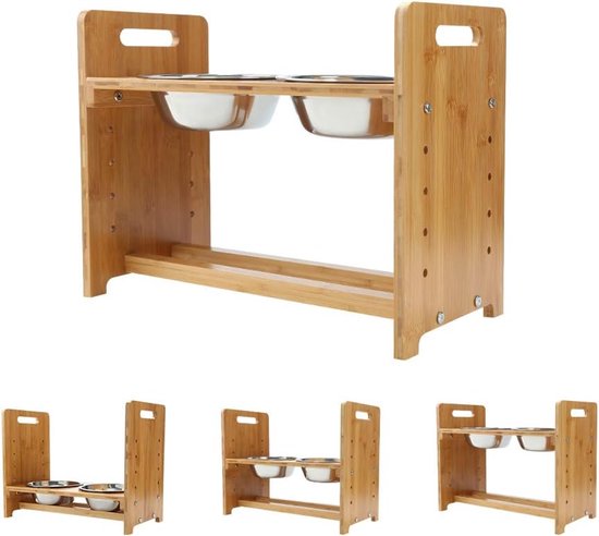 FOREYY Set van 2 verhoogde voerbakken voor katten en kleine honden - bamboe gekantelde enkele verhoogde hond kattenvoer en waterkommen standfeeder met 3 roestvrijstalen kommen en anti-slip voeten voor