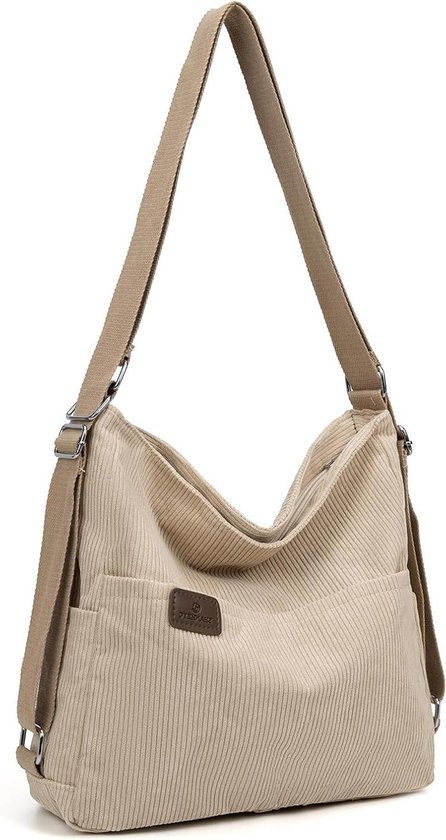 Allecto Plus - Cord Tote Rugzak Crossbody Tas voor Dames - Trendy Cordtas in Beige - Handige Schoudertas met Verstelbare Schouderband