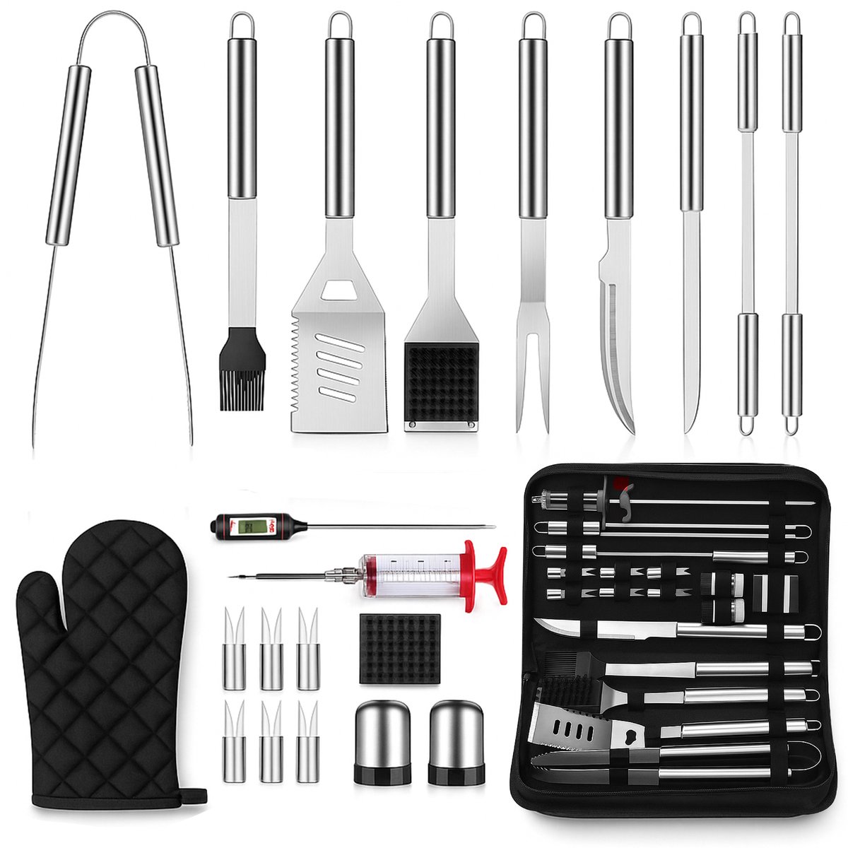 Kicinn BBQ Accessoires - BBQ Set - BBQ Gereedschap -BBQ Accessoires set - BBQ tang - BBQ borstel - BBQ spatel - 31 delig - Met opbergtas