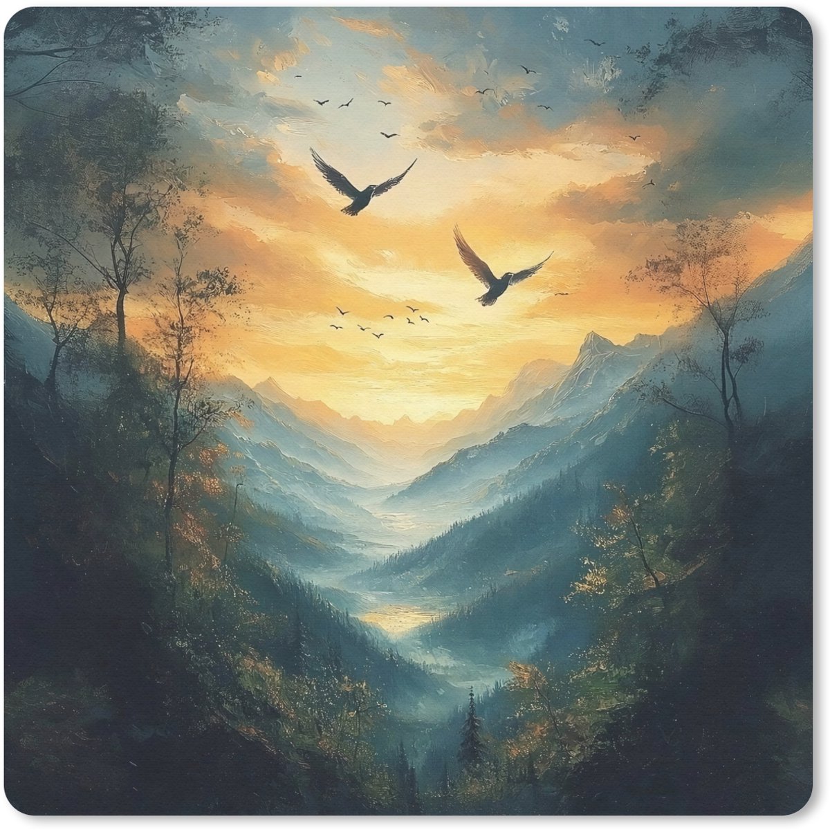 Muismat 20x20 cm - Mousepad Vogels - Zon - Bomen - Groen - Muismatten