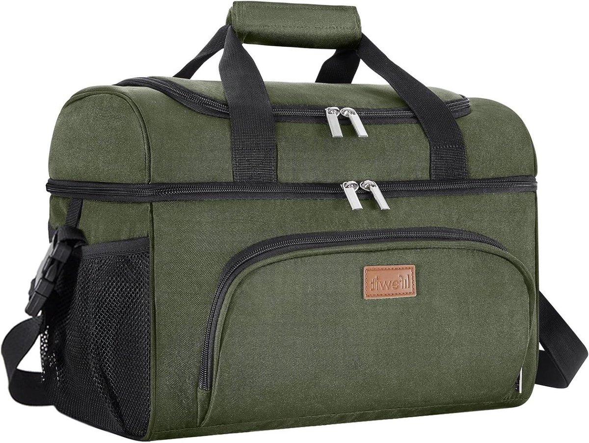 Allecto Plus - Grote opvouwbare koeltas 23 liter lunchtas geïsoleerd - draagbare koelbox voor picknick strand werk reizen - lichtgewicht en dubbellaags - groen - ruim!