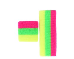 Zweetband 80's Sweatset - 1x Hoofd en 2x Polszweetbandje - Zweetband Pols Band - Fitness - Foute Party - Carnaval - Feest - Jaren 80 - Neon Roze, Geel, Groen