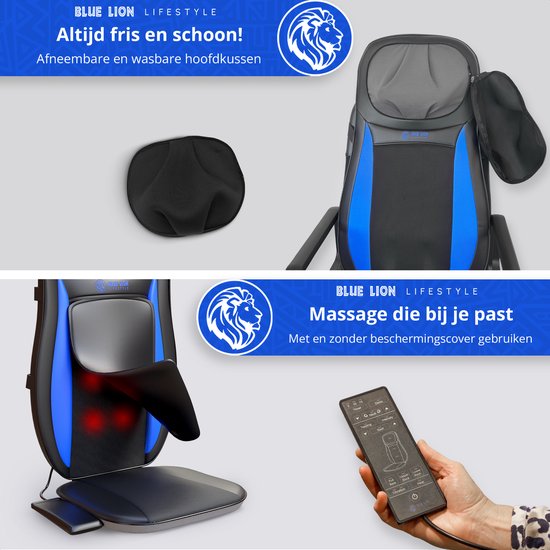 Collage toont afneembare hoofdsteun, massagekussen met warmte en controller, en de optie voor gebruik met of zonder hoes.