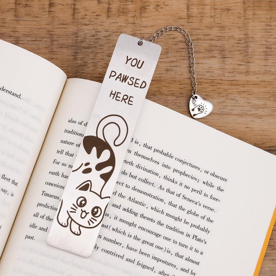 Marque-page chat pour femme, joli marque-page avec coffret cadeau, marque-page humoristique en acier inoxydable avec breloque cœur, cadeau idéal pour les amoureux des chats, pour femmes et hommes, amoureux de la lecture.