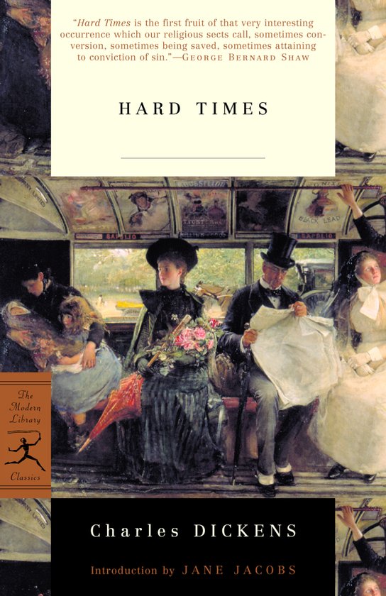 Boekomslag van Hard Times door Charles Dickens, met een schilderij van passagiers in een Victoriaanse tram.