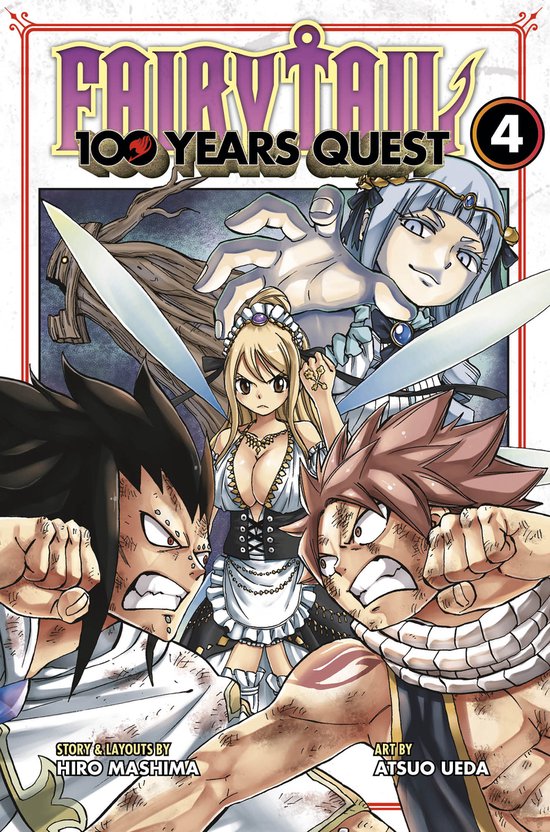 Fairy Tail 100 Years Quest 4 manga kaft, met Natsu, Lucy in bedienende outfit en Gray.