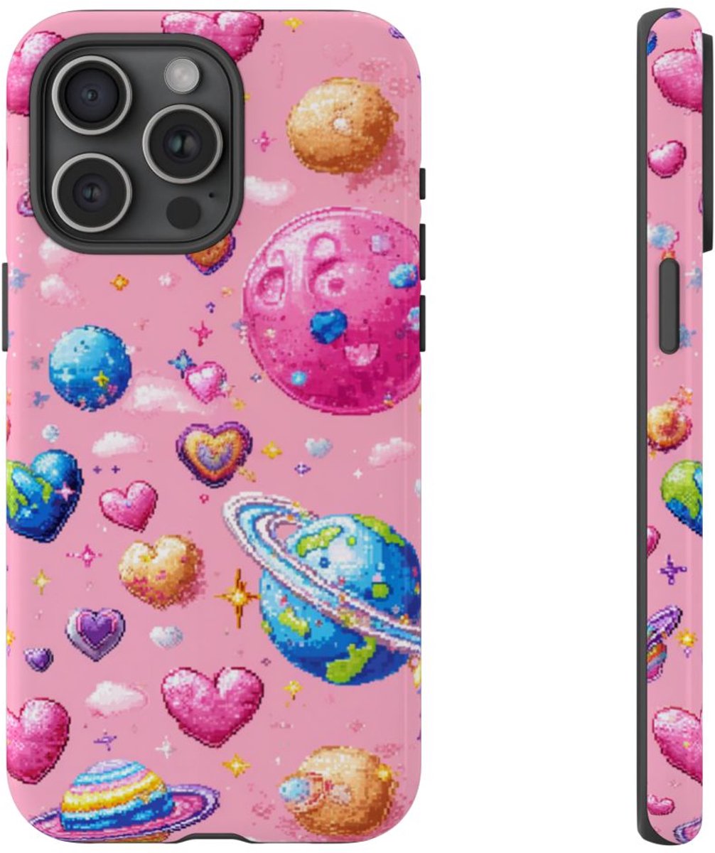 Pixel Art Harten en Planeten Patroon – Telefoonhoesje Geschikt voor iPhone 15 Pro Max