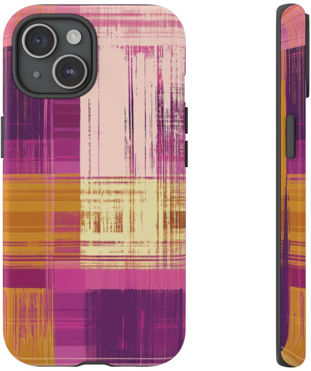 Abstract Paars-Gouden Ruitpatroon – Telefoonhoesje Geschikt voor iPhone 15