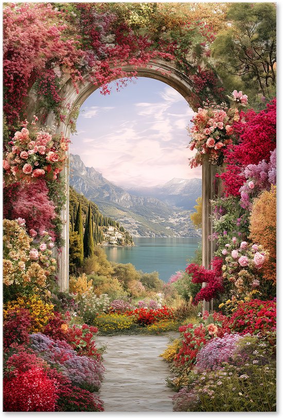 Graphic Message - Tuin Schilderij op Outdoor Canvas - Bloemenpoort - Buiten Wanddecoratie - Tuindecoratie - Muurdecoratie - Houten Frame - Bloemen Decoratie - Landschap - Italië - 60x90
