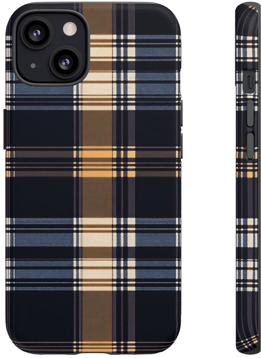 Caramel en Donkerblauw Geruit Patroon – Telefoonhoesje Geschikt voor iPhone 13