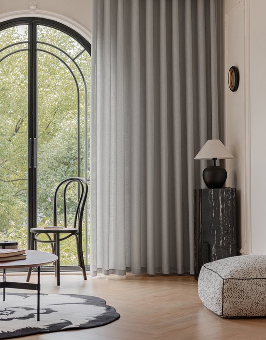 Maroyathome - OLIVIA - Vitrage kant en klaar met haakjes - met plooiband - Licht Grijs Groen - Linnen look - 150 x 270 cm - 150 cm breed en 270 cm hoog/lang - inclusief hanglood , schelphaken en embrasse