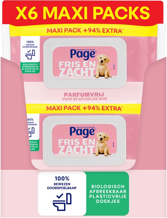 Page® vochtig toiletpapier - Fris en Zacht (Sensitive) Maxi - Parfumvrij - 444 velletjes - 6 x 74 stuks