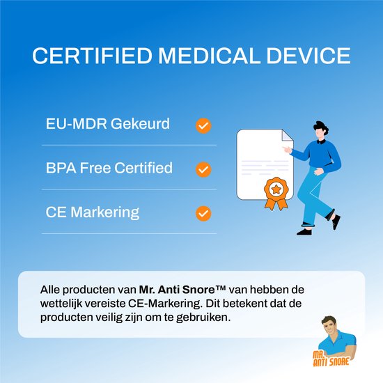 Tekst "CERTIFIED MEDICAL DEVICE" met vinkjes naast "EU-MDR Gekeurd", "BPA Free Certified" en "CE Markering".