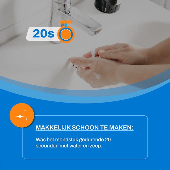 Handen worden gewassen onder een kraan met water, met een timer van 20 seconden. Text: "MAKKELIJK SCHOON TE MAKEN: Was het mondstuk gedurende 20 seconden met water en zeep."