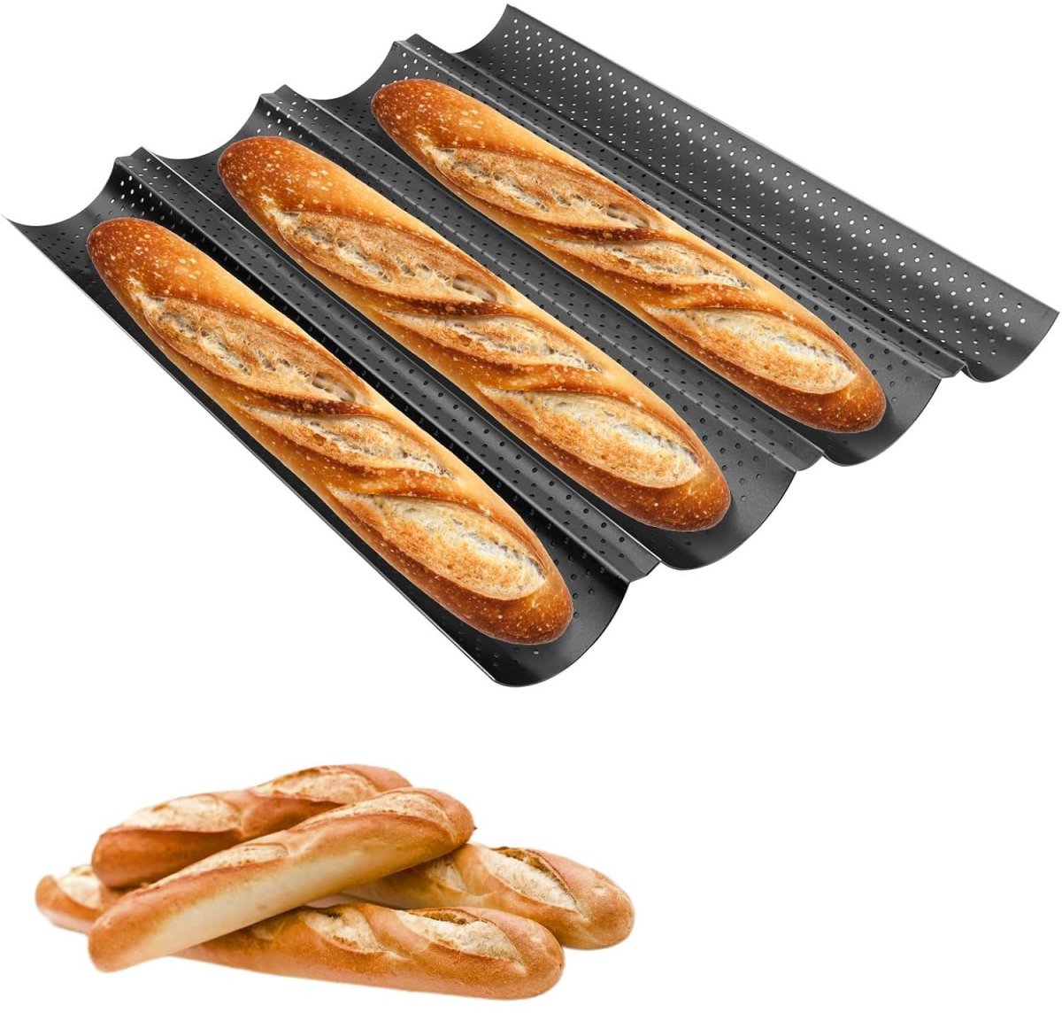 TOVBMUP Baguette bakvorm - Broodjes bakvorm - Geperforeerde baguettevorm - Antiaanbaklaag - Geschikt voor 4 baguettes - 38x32 cm