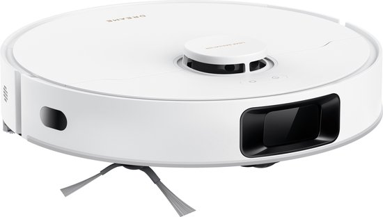 Witte Dreame robotstofzuiger met laser navigatie toren, zijaanzicht met borstels.