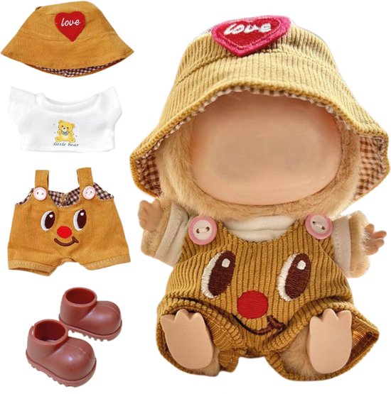 Vêtements ADEL pour Pop Labubu 17 cm – Comprend un chapeau, une barboteuse, un appareil photo et des Chaussures pour femmes – Vêtements de poupée mignons – Tenue complète avec Accessoires de vêtements pour bébé jaune