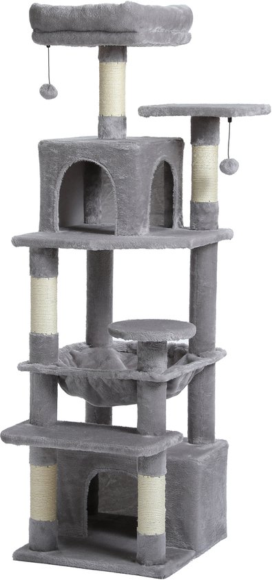 Hoge grijze krabpaal met 2 kattenhuisjes, hangmat, meerdere platformen en speelballetjes.