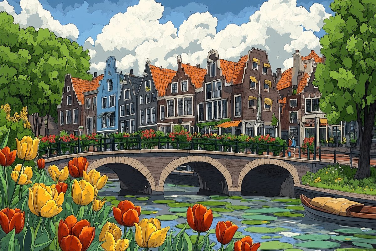 Tuinposter Nederlandse Grachten - Stad - Tulpen - Kanaal - Amsterdam Tuin posters voor Buiten - Tuin decoratie - 610 gram PVC - Weerbestendig Tuindoek - G6590KMD - Formaat 90 x 60cm