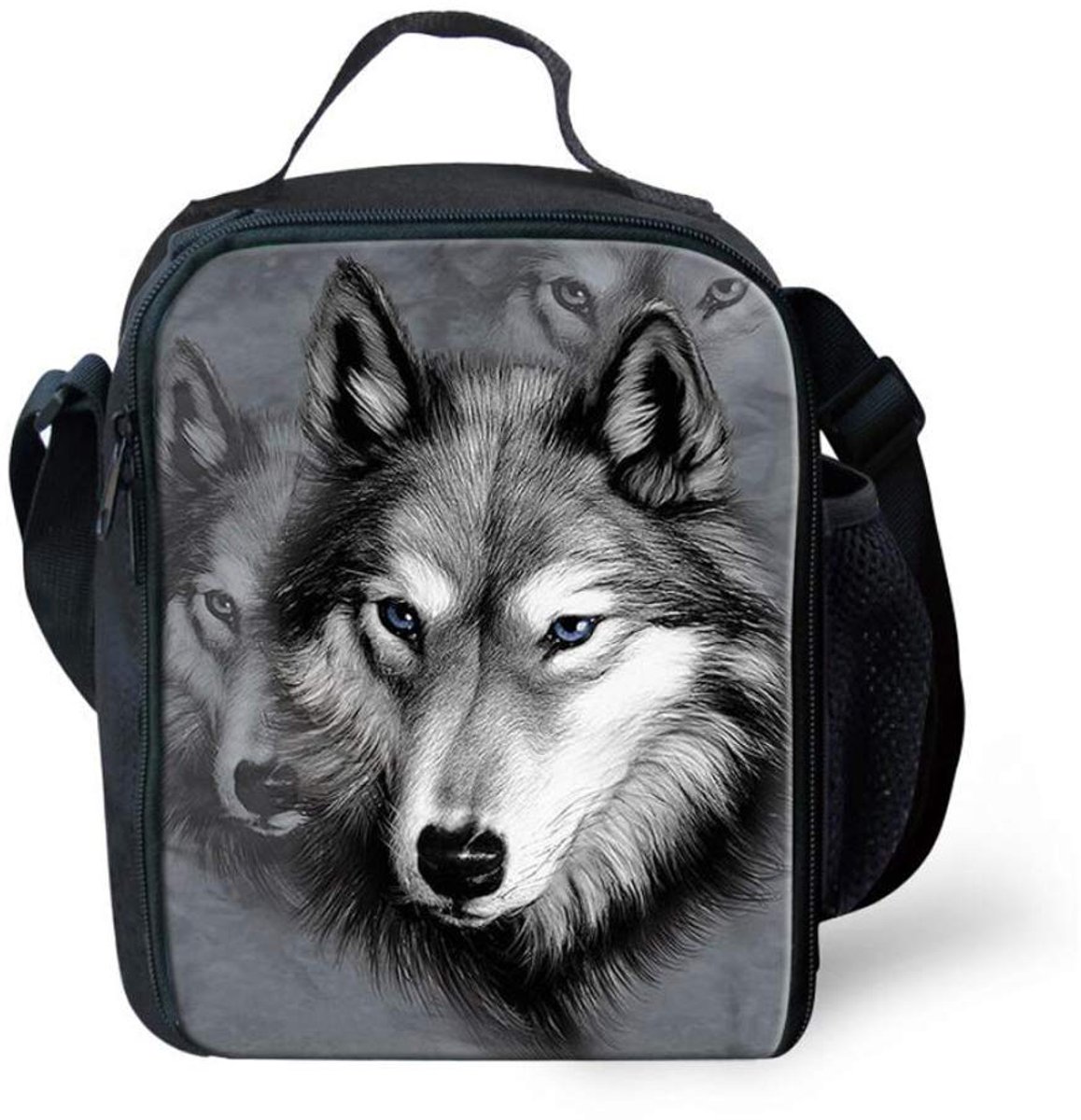 Leberna Geïsoleerde Lunchtas met 3D-print, met flessenhouder, verstelbare riem, voor kinderen, Wolf