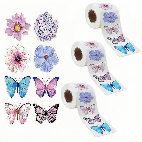 Een verzameling bloem- en vlinderstickers en drie rollen stickers.
