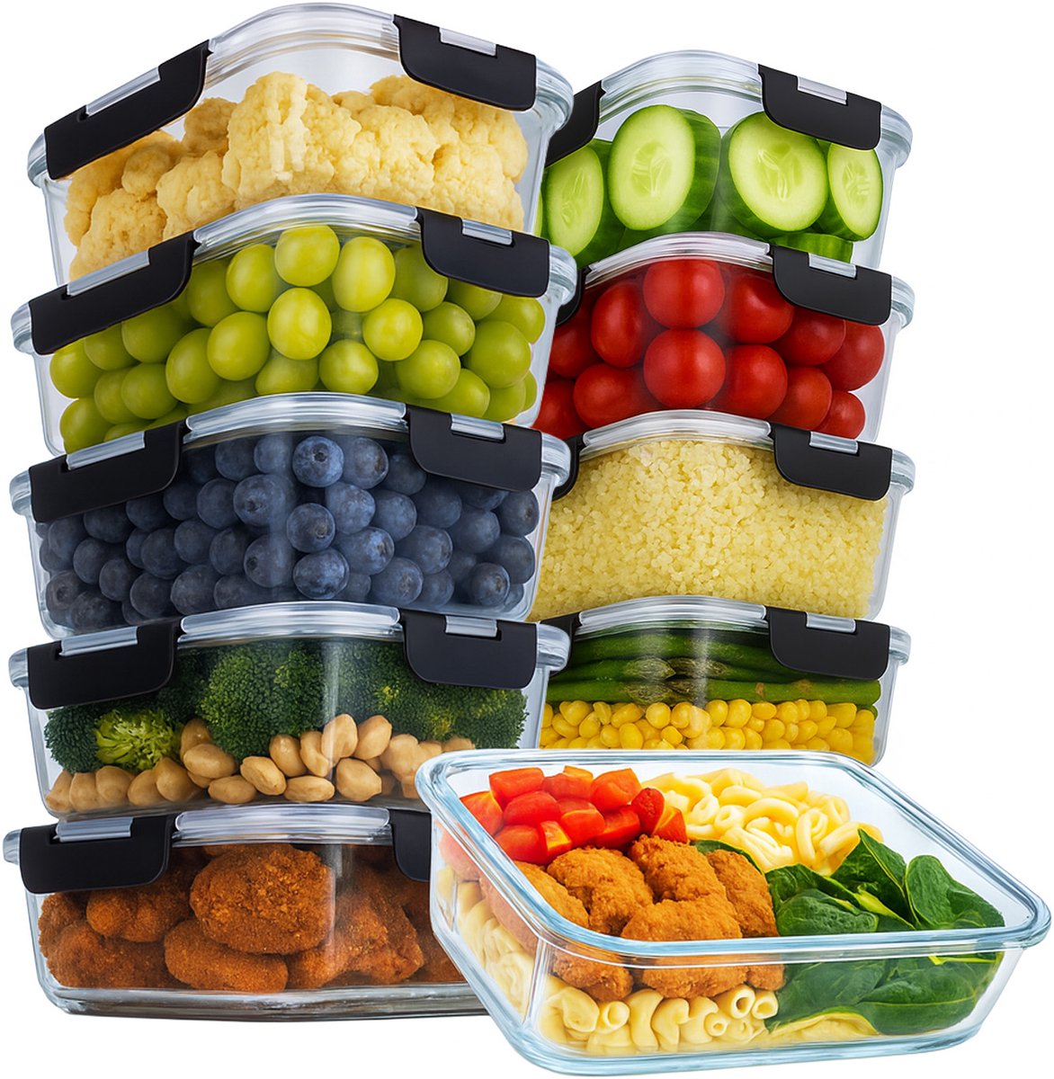 Aviro Vershoudbakjes Glas - 10 Stuks - Meal Prep Bakjes - Vriezer, Magnetron & Oven Bestendig - BPA Vrij - Luchtdicht - 1L — afbeelding 1