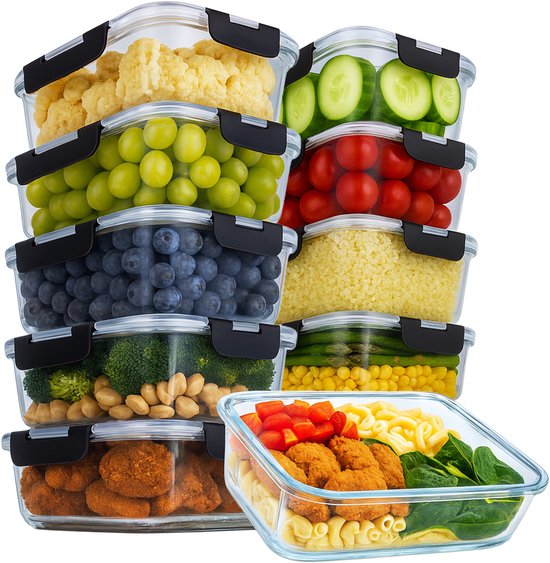 Aviro Vershoudbakjes Glas - 10 Stuks - Meal Prep Bakjes - Vriezer, Magnetron & Oven Bestendig - BPA Vrij - Luchtdicht - 1L