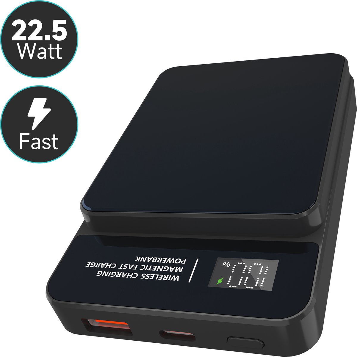 Sophitech Powerbank 10000mAh – Draadloze Snellader 15W – MagSafe Compatibel – USB-A/USB-C & Type-C In/Output – LED Display – Geschikt voor iOS/Android – Universele Powerbank – Compact & Draagbaar – Inclusief Snellaad Kabel