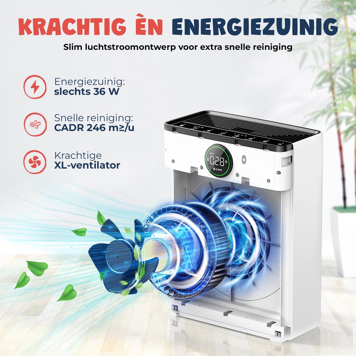 JC Pets Luchtreiniger / Air purifier met HEPA 13 Filter en Voorfilter - Huisdiermodus & App - Luchtfilter tegen Haren, Kattenbakgeur, Allergieën, Huisstofmijt en Hooikoorts - Luchtkwaliteitsindicator - Ruimtes tot 100 m²- CADR 246 m³/h — afbeelding 4