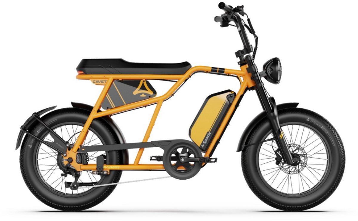 A-Spadz CAVET Air Elektrische Fatbike - Inclusief Voetsteuntjes - 20 Inch - 250W Motor - 7 Versnellingen - 100 km Actieradius - Hydraulische Schijfremmen - Geel