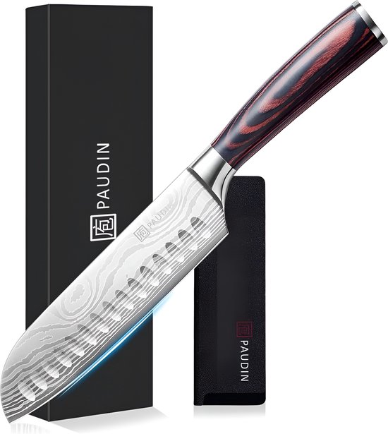 PAUDIN N5 Santokumes - Professioneel Snijmes - 17,5 cm - Koksmes - Japans mes - Damascus Patroon - Mes Inclusief Knifeguard
