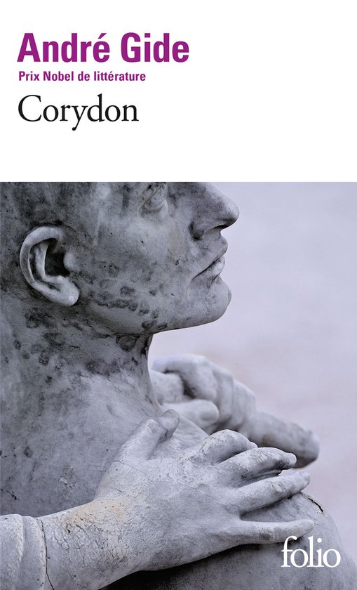 Livre "Corydon" par André Gide, avec un gros plan d'une sculpture grise de buste d'homme.