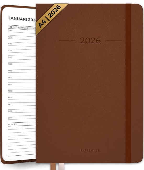 Systemyze Agenda 2026 Volwassenen - Weekkalender - Planner - Incl. Tijdsindeling - A4 Formaat - Bruin