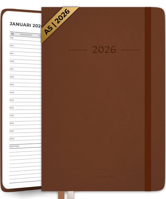 Systemyze Agenda 2026 Volwassenen - Weekkalender - Planner - Incl. Tijdsindeling - A5 Formaat - Bruin