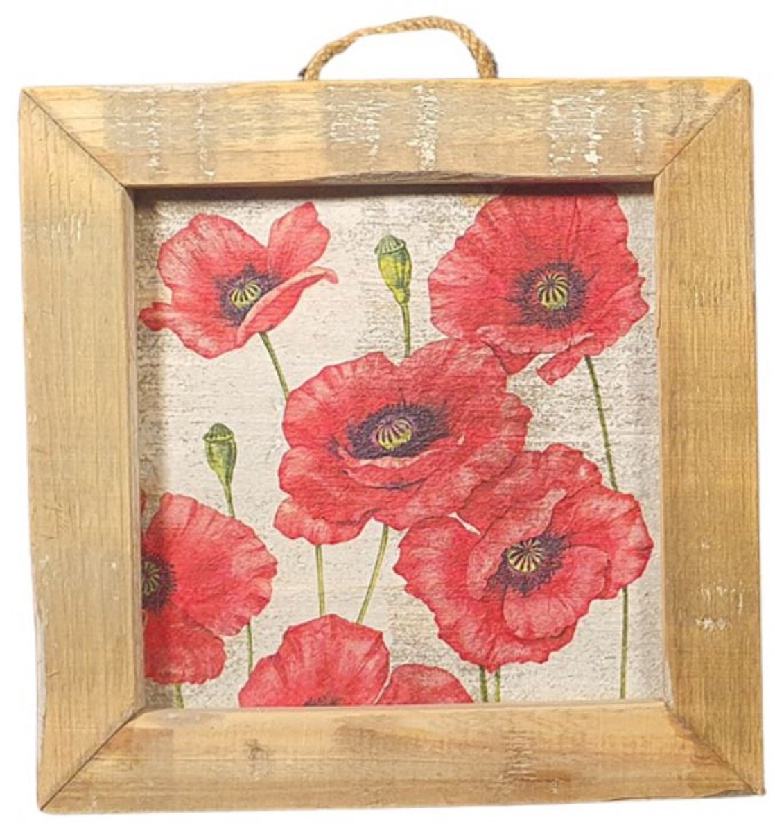 Houten wandtegel met een afbeelding van rode Klaprozen_in een decoratief houten lijstje in de bekende Dutch Mood stijl - 22 x 22 x 3.5 cm