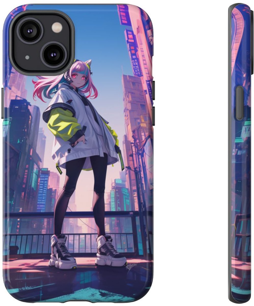 Meisje met Roze Haar in Neonstad – Telefoonhoesje Geschikt voor iPhone 14 Plus